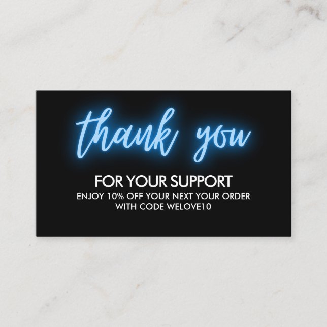 Thank you Blue Neon Instagram Discount Business Card (Front)