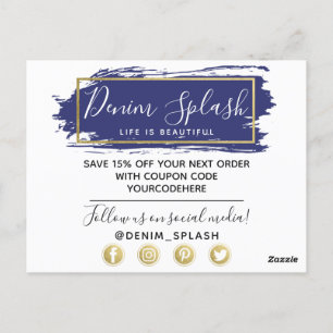 Thank You Blue Paint Stroke & Modern Gold Geo Postcard