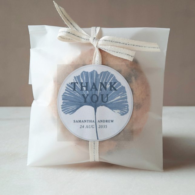Thank You Blue & White Ginkgo Leaf Wedding Favour Classic Round Sticker (Creator Uploaded)