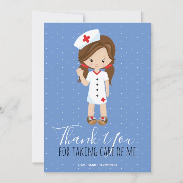 Thank You Blue White Polka Dot Brunette Nurse (Front)