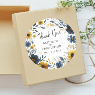 Thank You Blue Yellow Wildflowers Elegant Wedding Classic Round Sticker
