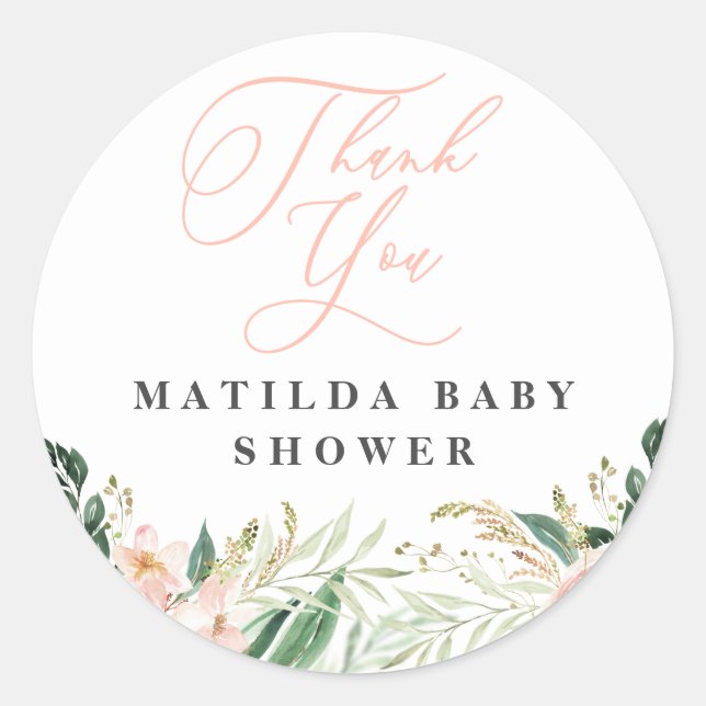 Thank you blush floral baby shower favour classic round sticker (Front)