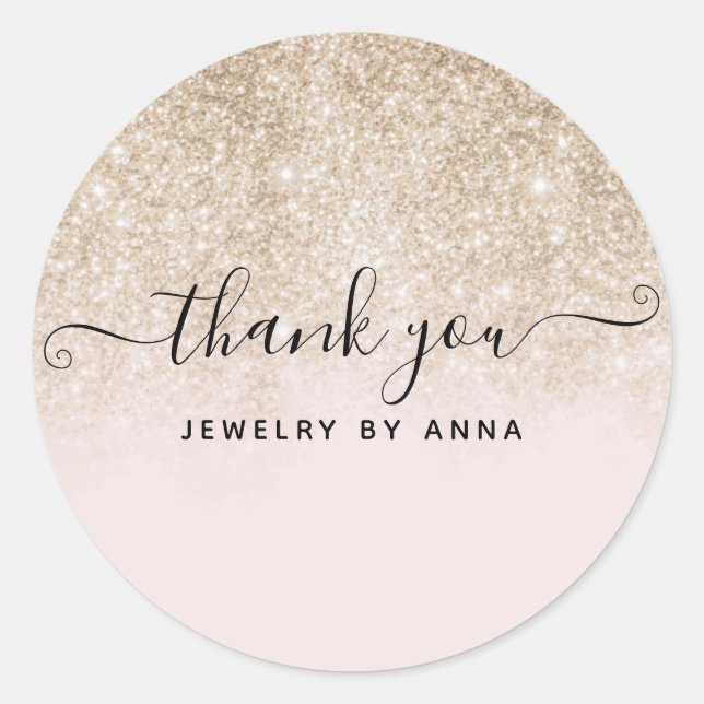 Thank You Blush Pink and Gold Glitter Classic Round Sticker (Front)