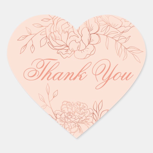 Thank You Blush Pink Rose Gold Outline Flowers Heart Sticker (Front)