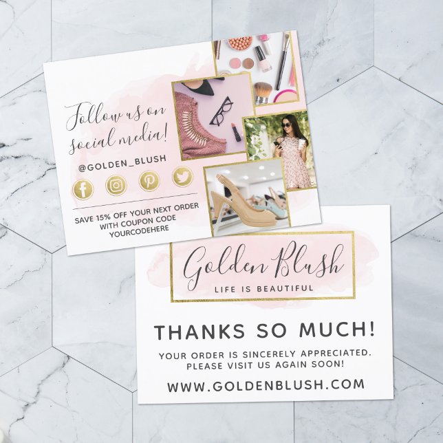 Thank You Blush Pink Watercolor & Gold 4-Photo Postcard (Creator Uploaded)