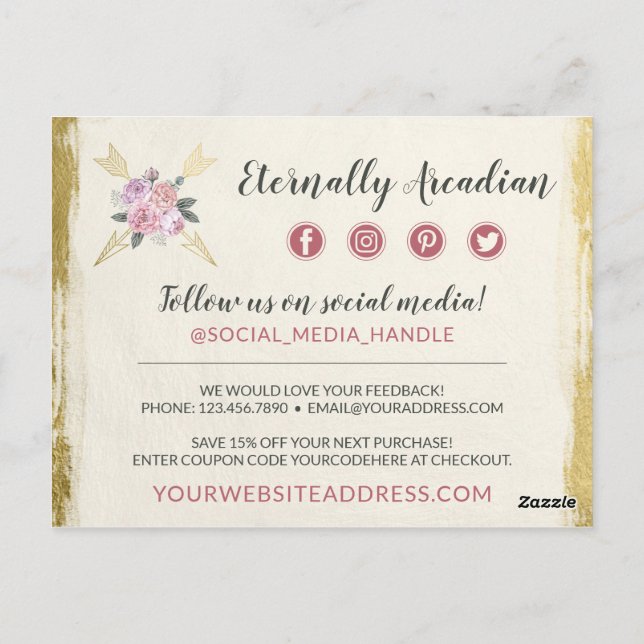 Thank You Bohemian Floral Arrows Blush Gold Postcard (Back)