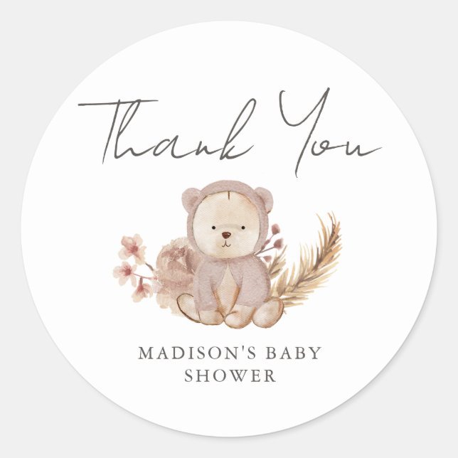 Thank You Boho Botanical Sweet Bear Baby Shower Classic Round Sticker (Front)