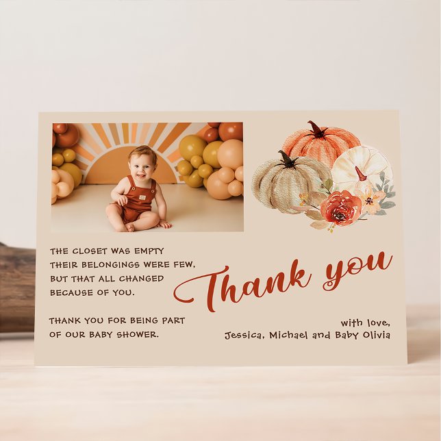 Thank You Boho Photo Fall Pumpkin Baby Shower Invitation (Creator Uploaded)