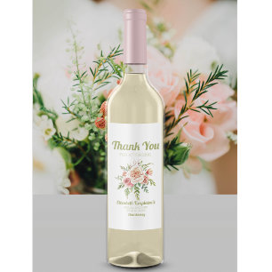 Thank You Bridal Shower Pink Floral Rose Wedding Wine Label
