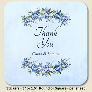 Thank You & Bride & Groom Names Blue Peony  Square Sticker
