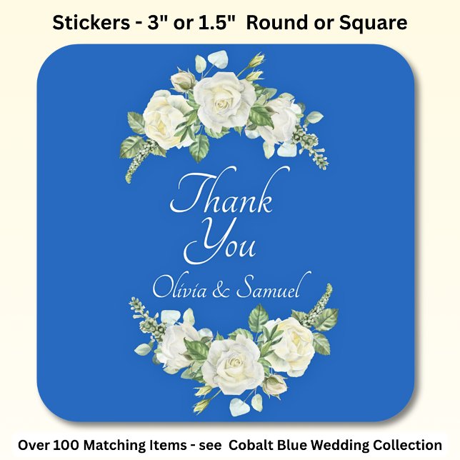 Thank You Bride, Groom Names Cobalt Blue & White  Square Sticker (Creator Uploaded)