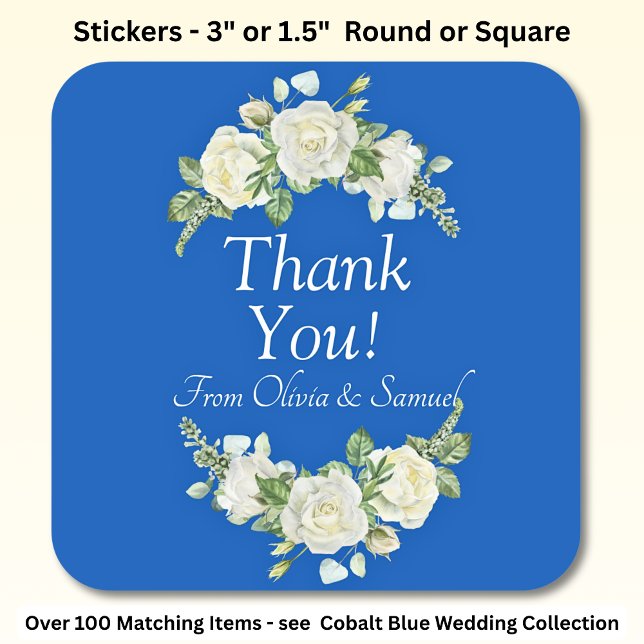 Thank You! Bride, Groom Names Cobalt Blue & White  Square Sticker (Creator Uploaded)