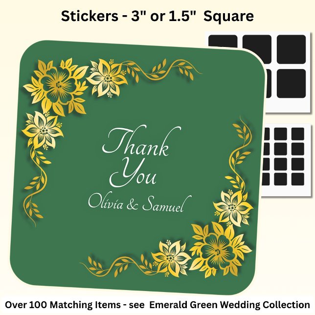 Thank You Bride, Groom Names Emerald Green & Gold Square Sticker (Creator Uploaded)