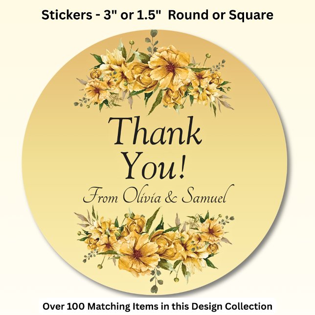 Thank You! Bride, Groom Names Golden Yellow Flower Classic Round Sticker (Creator Uploaded)