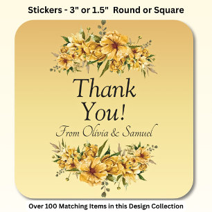 Thank You! Bride, Groom Names Golden Yellow Flower Square Sticker