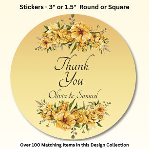 Thank You Bride, Groom Names Golden Yellow Flowers Classic Round Sticker