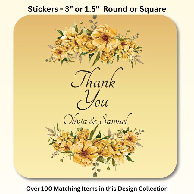 Thank You Bride, Groom Names Golden Yellow Flowers Square Sticker (Creator Uploaded)