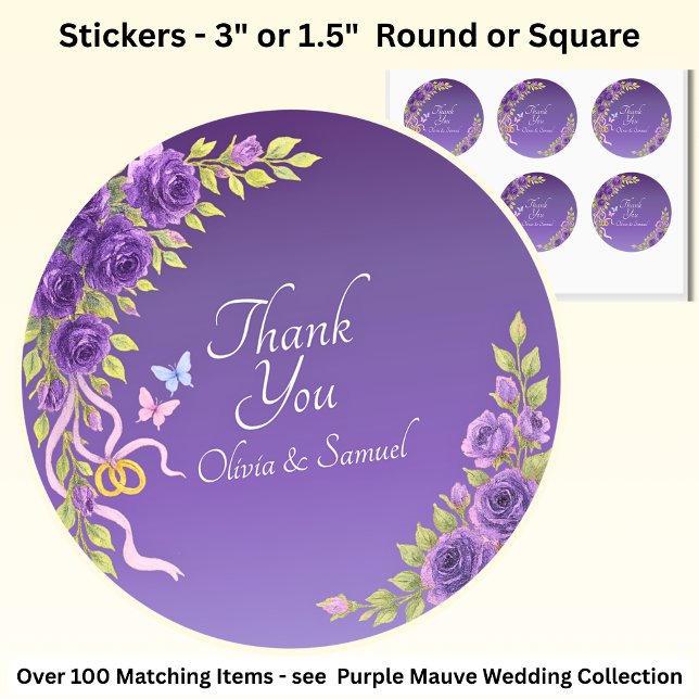 Thank You Bride, Groom Names Purple Mauve Flowers  Classic Round Sticker (Creator Uploaded)