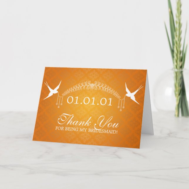 Thank You Bridesmaid Birds & Diamonds Orange Card (Front)