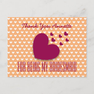 THANK YOU Bridesmaid Red Hearts Coral Background 7 Postcard