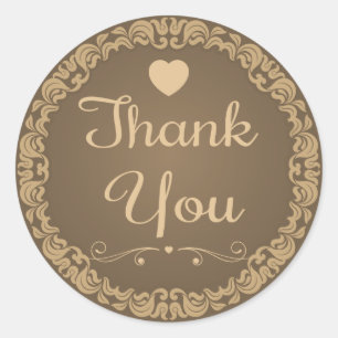 Thank You Brown & Tan Floral Damask Wedding Classic Round Sticker