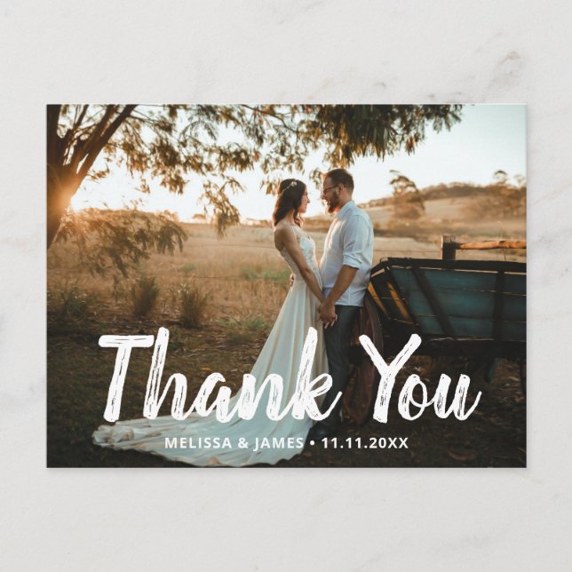 Thank You Brush Script Wedding Photo Postcard (Front)