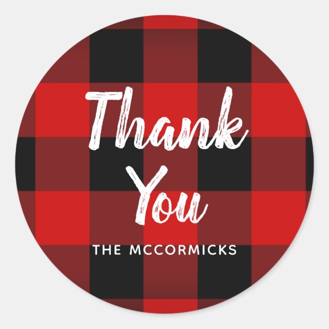 Thank You Buffalo Plaid Red Black Personalised Classic Round Sticker (Front)