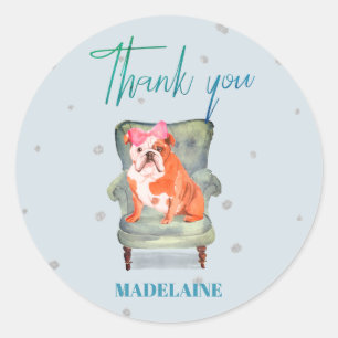 Thank You Bull Dog Blue Silver Classic Round Sticker