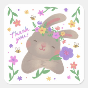 Thank You: Bunny with Flowers Square Sticker