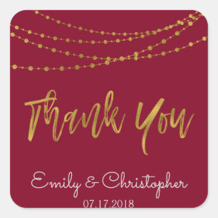 Thank You Burgundy and Gold Foil String Lights Square Sticker