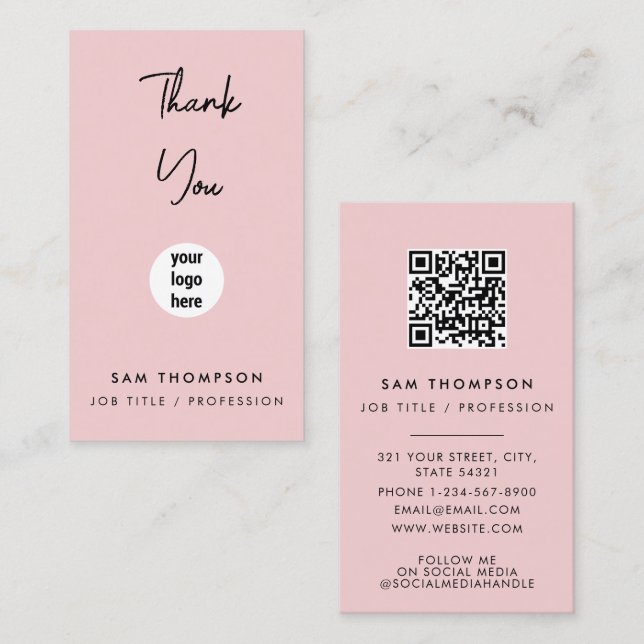 Thank You Business Logo QR Code Blush Pink Card (Front/Back)