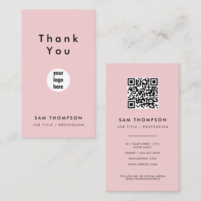 Thank You Business Logo QR Code Blush Pink Card (Front/Back)
