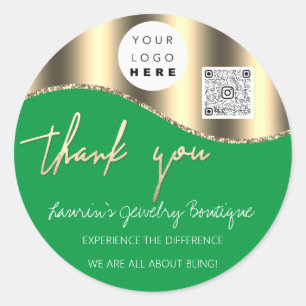 Thank You Business Name Logo Qr Code Gold Green Classic Round Sticker
