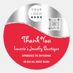 Thank You Business Name Logo Qr Code Red Silver  Classic Round Sticker