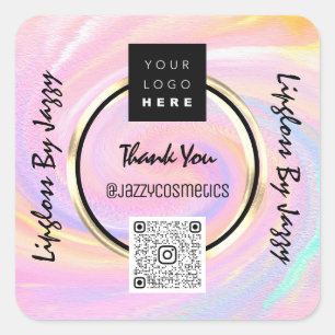 Thank You Business QR Code Logo Pink Holographic Square Sticker