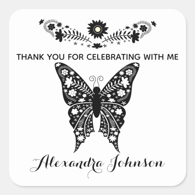 Thank You, Butterfly Black and White Girl Birthday Square Sticker (Front)