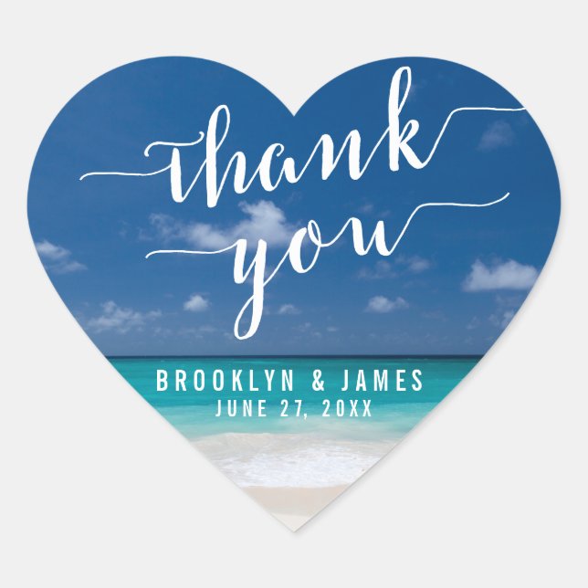 Thank You Calligraphy Beach Heart Wedding Stickers (Front)