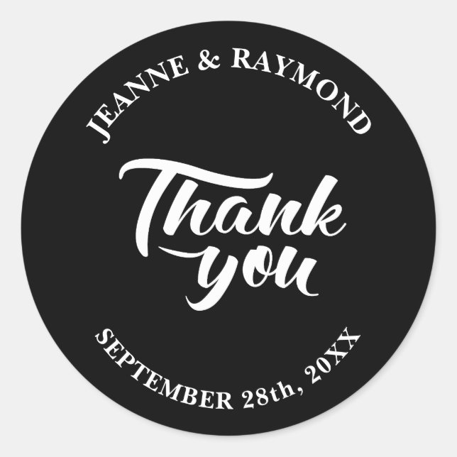 Thank You Calligraphy Black Wedding Favour Classic Round Sticker (Front)