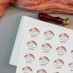 Thank You Calligraphy, Burgundy, Blush Roses Classic Round Sticker