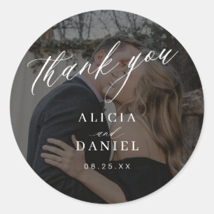 Thank you calligraphy photo wedding classic round sticker