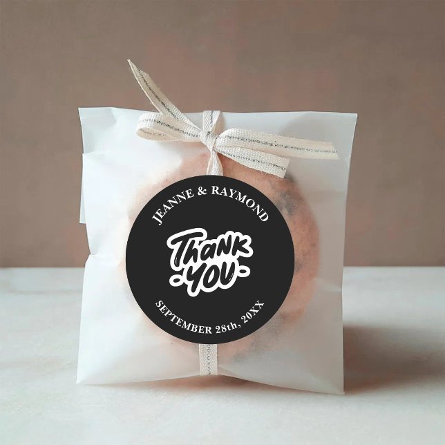 Thank You Calligraphy Script Black Wedding Favour Classic Round Sticker (Black calligraphy thank you sticker adds elegant style to wedding favor packaging.)