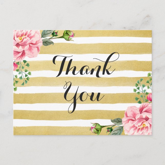 Thank You Calligraphy Script Floral Gold Stripes Postcard (Front)
