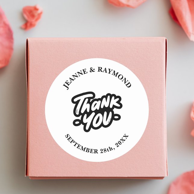 Thank You Calligraphy Script Wedding Favour Classic Round Sticker (Calligraphy script thank you sticker adds elegant charm to wedding favors with your names)