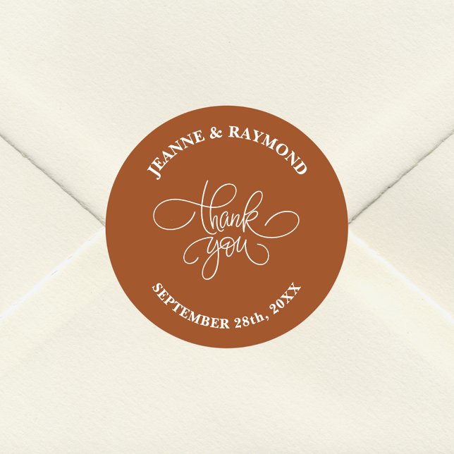 Thank You Calligraphy Terracotta Wedding Favour  Classic Round Sticker (Creator Uploaded)