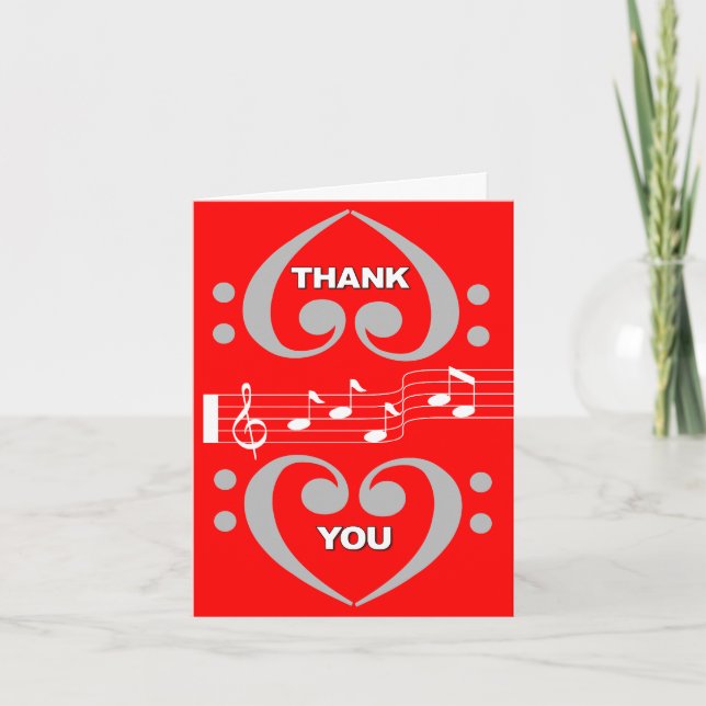 Thank You Card Bass Clef Music Note Red (Front)