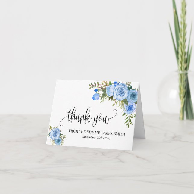 Thank you card boho blue floral wedding folded (Front)