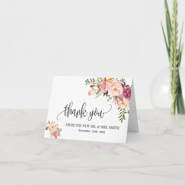 Thank you card boho pink floral wedding folded (Front)