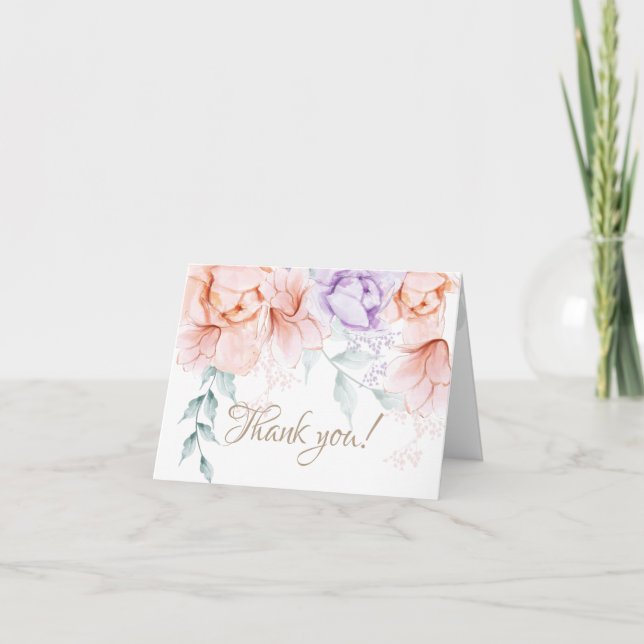Thank You Card  | Coral and Lilac Aquarelle Floral (Front)