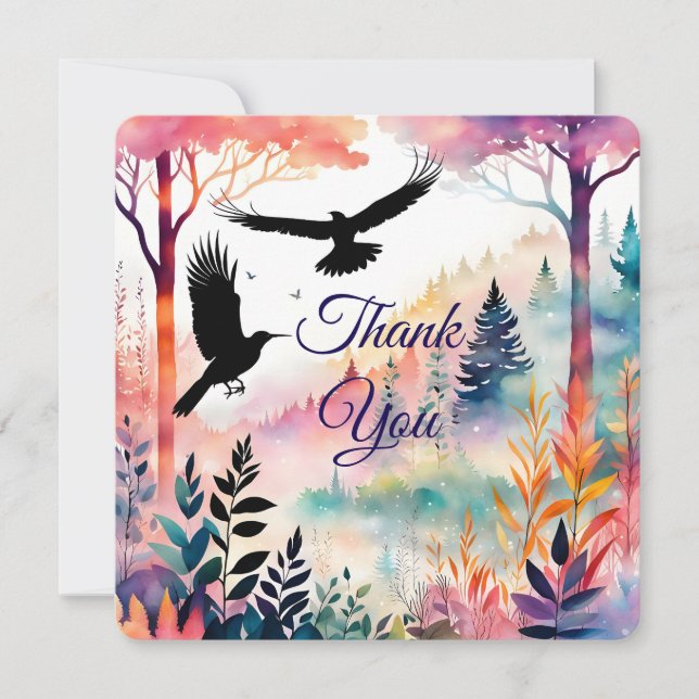Thank You Card Crows in a Peaceful Colourful Fores (Front)