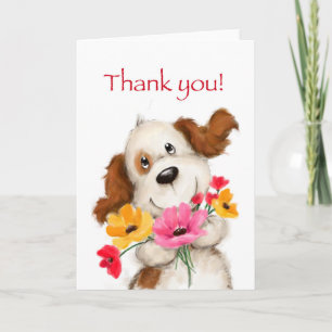 Thank you card, cute dog with a bunch of flowers card
